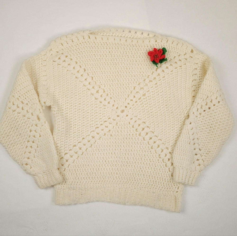 Handmade Crocheted Floral Ivory Sweater With Red Poinsettia Women's Small